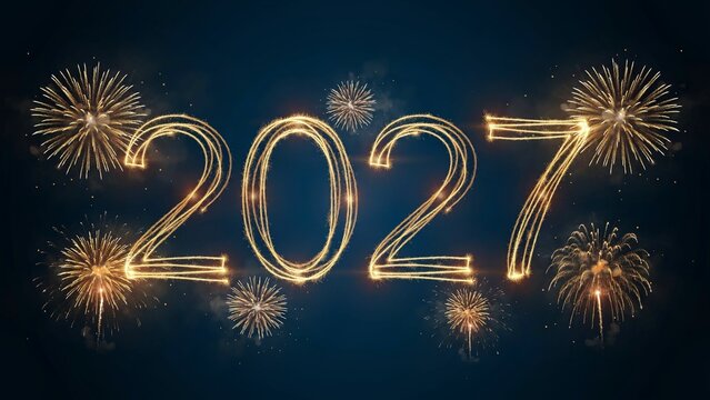 Glowing 2027 light painting typography with fireworks exploding in night sky, luminous gold sparkler numbers for happy new year celebration banner, festive dark blue background
