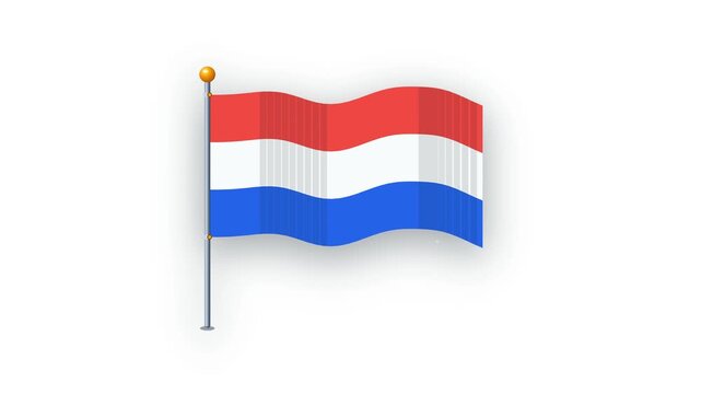 Animated Dutch flag featuring red, white, and blue horizontal stripes waving on a silver pole.