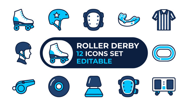 Roller Derby Icon Set: A collection of 12 editable vector icons representing various elements of roller derby, including skates, helmets, protective gear, and track.