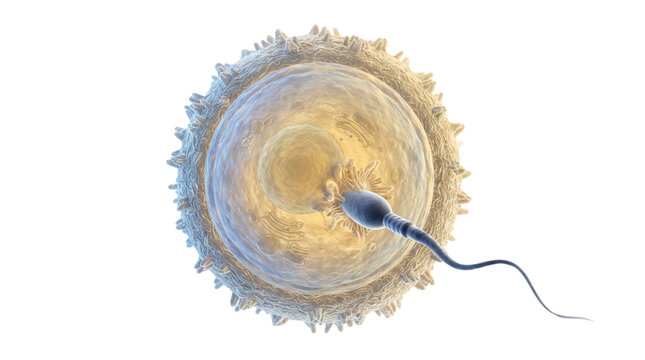 Microscopic sperm fertilizing egg cell isolated on white background, human reproduction fertilization process, medical biology science illustration