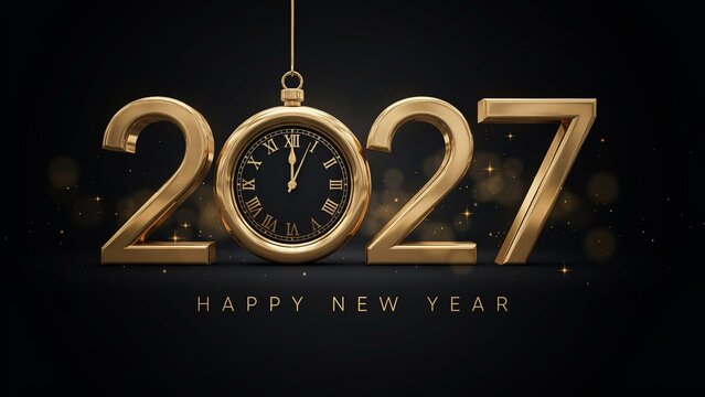 Golden 2027 Happy New Year typography background with vintage clock face hanging ornament, elegant gold 3D numbers for luxury festive holiday celebration design card