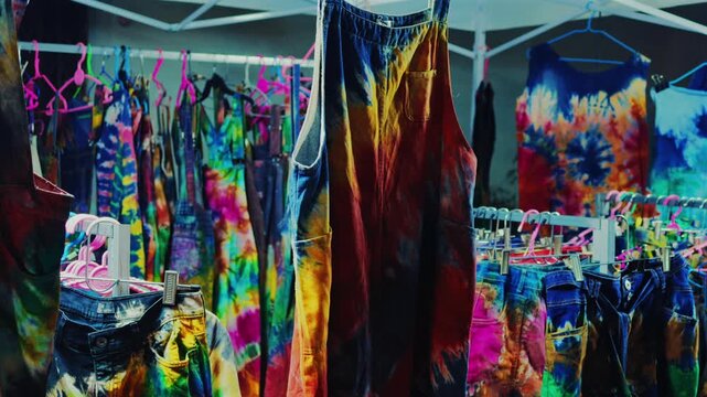 colorful tie dye clothing hanging on racks at night market stall, bohemian patterned apparel garments displayed for sale in street bazaar 4k