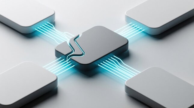 Abstract 3D render shows glowing blue digital links reconnecting broken dark grey node. Smooth light paths bridge gaps in network system. Minimalist SaaS style concept for seamless data transfer,