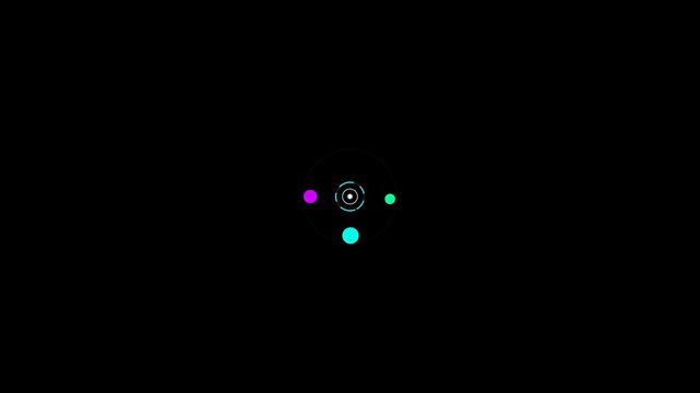 Futuristic neon metaball system featuring cyan, magenta and turquoise liquid energy blobs orbiting around a highlighted central digital core. Organic gooey deformation combines with a counter-rotating