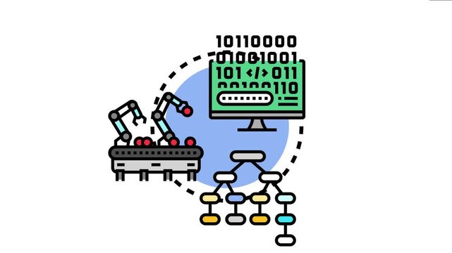 Object oriented programming involving data structures, robotic assembly, and digital code on a monitor, conceptualizing modern software development and automation