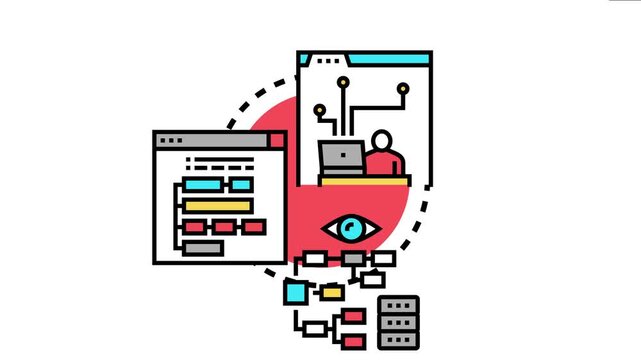 Object oriented programming concept visualizing a developer creating software structure, organizing data, and building applications with logical components and an organized approach