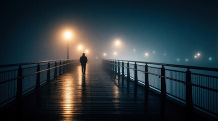 Fototapeta premium Lonely silhouette of person walking on wooden pier at night. Thick fog covers ocean pier with bright street lights. Dark moody atmosphere in misty seaside town. Solitary man walks away on wet