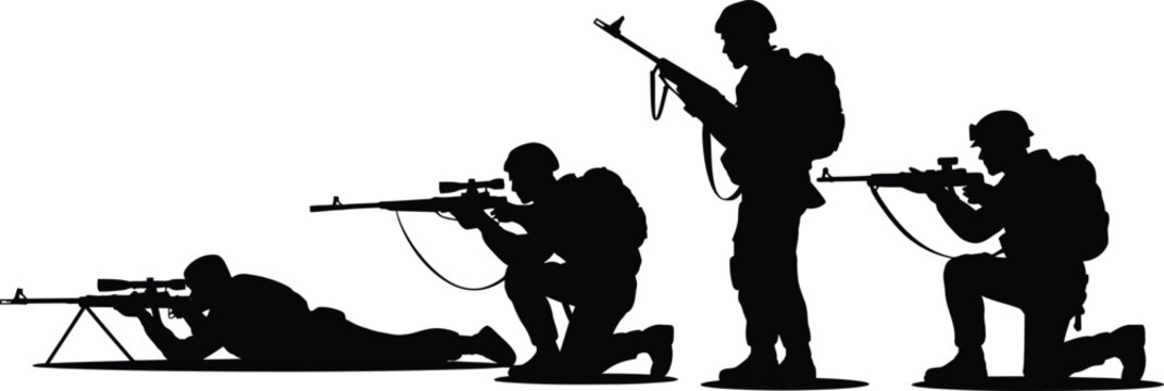 Black silhouette of a military squad with soldiers in various combat positions including prone and kneeling, holding rifles with scopes, isolated on a white background
