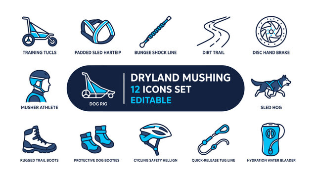 Dryland Mushing Icons Set: A collection of twelve editable icons representing the sport of dryland mushing, including equipment, training tools, and an athlete.