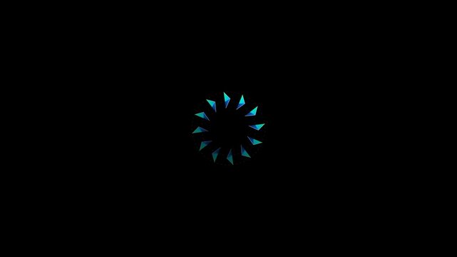 Abstract futuristic origami geometric ring composed of twelve folded triangular facets rotating around a circular structure while sequential facet illumination travels around the form. Mint cyan and c