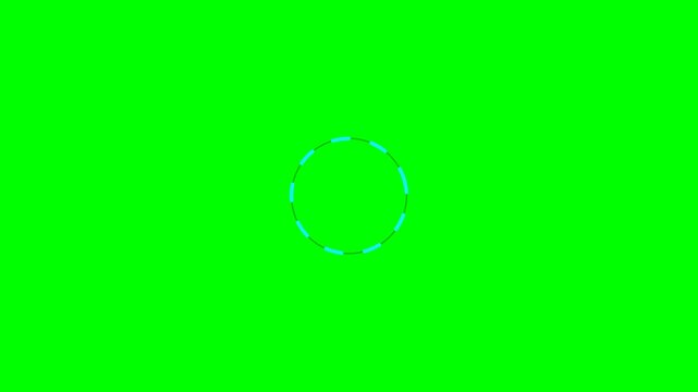 Minimal futuristic segmented circular loader featuring six complete clockwise rotations, widely spaced white dash segments, and a smooth white-to-cyan dash expansion cycle on a pure chroma green backg