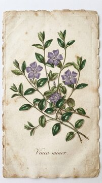 A quiet antique engraving of Vinca minor, trailing softly through an old shaded garden