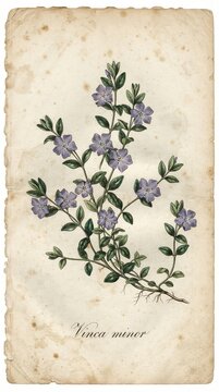 Elegant botanical print of lesser periwinkle, a graceful piece for herbal wall art