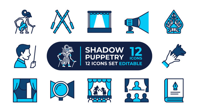 Shadow Puppetry Icons Set: A collection of vibrant icons representing the art of shadow puppetry, including puppets, stage, and storytelling elements, presented in a clear and editable format.