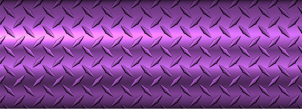 Purple metal banner with diamond plate pattern, shiny metallic texture industrial background.