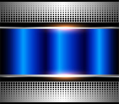 Modern chrome and blue metal textures design template, shiny metallic background with silver perforated grid.