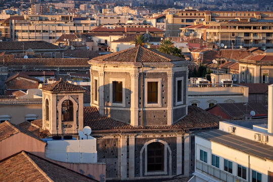 Aerial view of the Chiesa della Badia di Sant'Agata dome in the historic city center of Catania