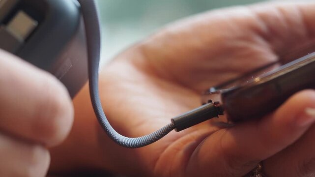 Close up view of hands connecting portable power bank with braided cable to smartphone device.