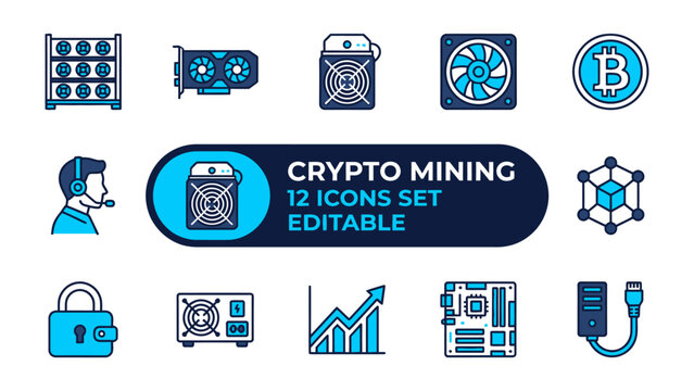 Crypto Mining Icons Set: A collection of twelve editable icons representing various aspects of cryptocurrency mining, including GPUs, Bitcoin, blockchain, and mining rigs.