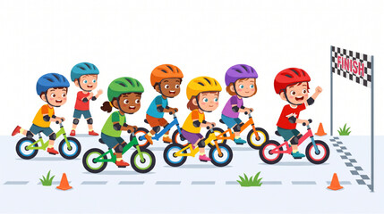 Fototapeta premium Children racing balance bikes toward a checkered finish line flag isolated on white
