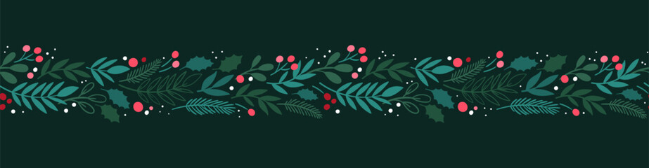 Obraz premium Lovely hand drawn Christmas seamless pattern, cute greenery, flowers and snowflakes, great for textiles, wrapping, banners, wallpapers - vector design