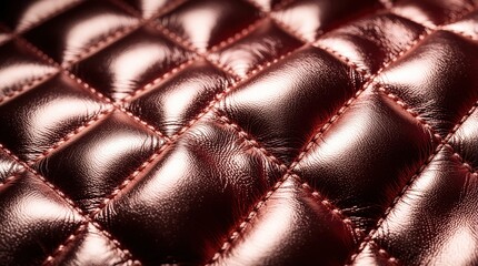 Obraz premium Closeup of red rose gold quilted leather texture. Shiny metallic fabric with diamond stitching pattern. Luxury material for fashion accessories, clothing design. Abstract background with detailed