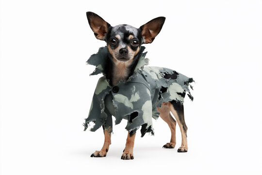 Dog standing in tattered grey zombie costume for Halloween