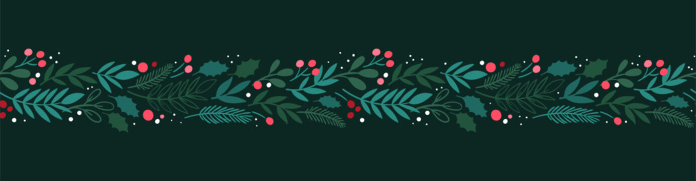 Lovely hand drawn Christmas seamless pattern, cute greenery, flowers and snowflakes, great for textiles, wrapping, banners, wallpapers - vector design