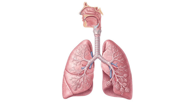 Human respiratory system anatomical illustration, detailed lungs diagram with trachea and nasal cavity, medical organ anatomy artwork isolated on white background