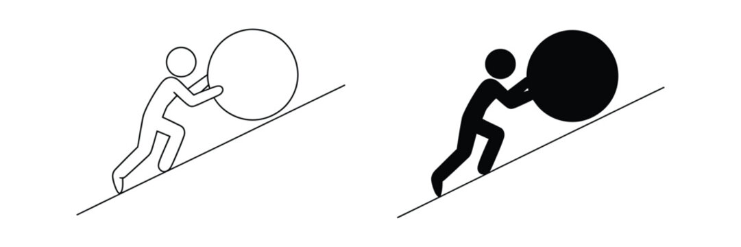 Man pushing boulder vector icons depicting effort, determination, resilience, perseverance, uphill challenges, physical strength, motivation, ambition, and success.