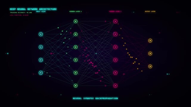 Deep Neural Network Architecture Visualization Representing Artificial Intelligence Processes with Input Hidden and Output Layers for Machine Learning and Data Science Technology Concepts