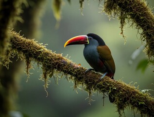 Obraz premium Gray-breasted Mountain Toucan perches on mossy branch in cloud forest. Wild bird with large colorful beak sits on tree limb. Neotropical wildlife in South America rainforest. Avian species portrait
