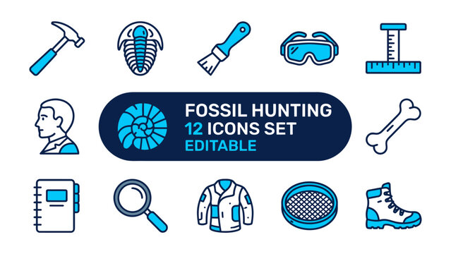 Fossil Hunting Icons Set: A collection of blue and white line art icons representing tools and discoveries for fossil hunting, including a hammer, trilobite, brush, goggles, ruler, fossil, bone.