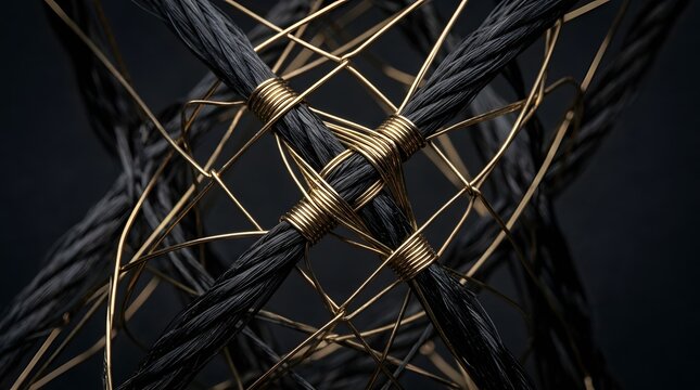 Complex intersecting golden wires binding thick black textured ropes together creating an intricate geometric abstract sculpture
