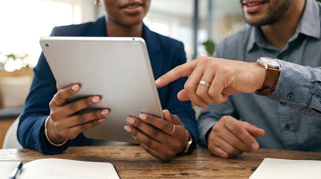 Two diverse business colleagues discussing project ideas while using a digital tablet in a modern creative office space. 