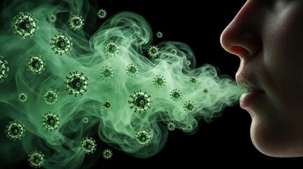 Fototapeta premium Face side view exhaling green virus particles, respiratory droplets on black background. Concept of airborne disease transmission, pandemic spread, coughing sneezing infection. Medical illustration