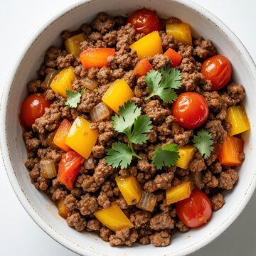 Traditional Mexican picadillo served in white bowl. Ground beef mixture with diced potatoes, carrots, tomatoes, sweet raisins. Fresh cilantro garnish on top. Savory meat stew with vegetables for