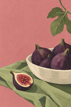 Painted figs in a cream bowl on a green cloth