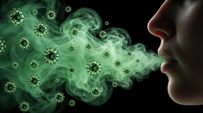 Face side view exhaling green virus particles, respiratory droplets on black background. Concept of airborne disease transmission, pandemic spread, coughing sneezing infection. Medical illustration