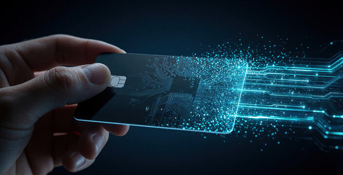 Hand holds black credit card with glowing digital circuit patterns. Virtual data streams flow from chip into cyber network. Futuristic fintech concept shows electronic money transfer, contactless