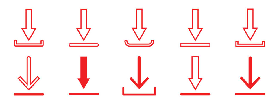 Download icon illustration in red color, isolated download icon in trendy filled and stroke style, down load button isolated on white background. Arrow downloading icon, set of download files symbol.