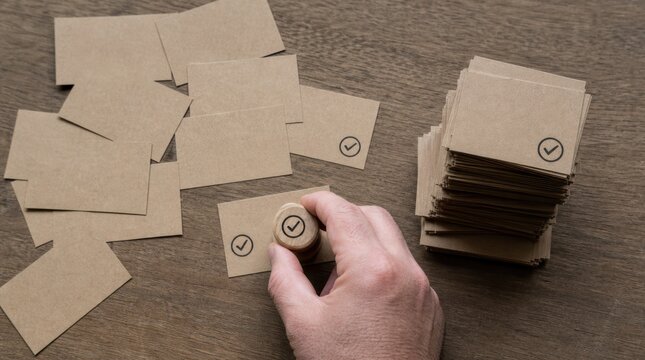goal setting milestone rowth. A hand stamping a checkmark on multiple cards spread on a wooden surface.