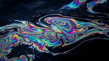 Obraz premium Vibrant oil slick floating on dark water displays mesmerizing rainbow colors with iridescent swirling liquid patterns