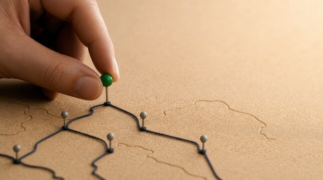 goal setting milestone rowth. Hand placing a green pushpin on a map marked with black string and pins indicating a route or connections.