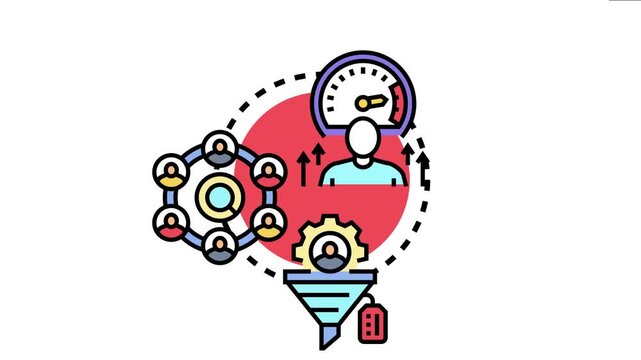 Nurturing leadership concept showing a person developing skills with upward arrows, a performance meter, a team network, and a funnel filtering talent for professional advancement
