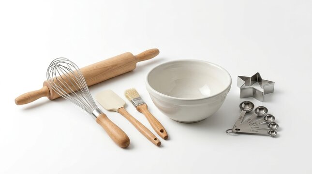 Assorted baking tools including rolling pin whisk spatula brush mixing bowl and measuring spoons on light surface