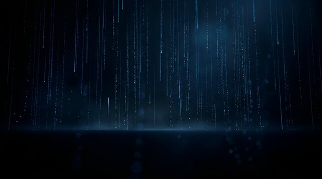 Abstract dark blue digital technology background, matrix rain particle light streaks effect, futuristic glowing data flow banner