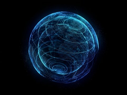 Futuristic digital Earth globe with glowing blue network, abstract global connection technology sphere background, 3D science hologram