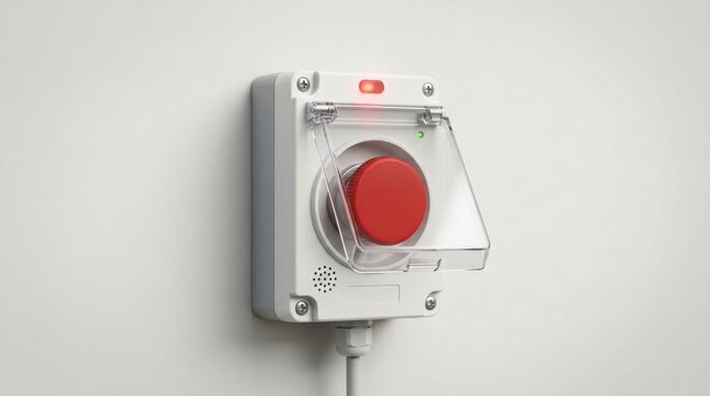Closeup view of emergency stop button mounted on grey electrical box with transparent cover