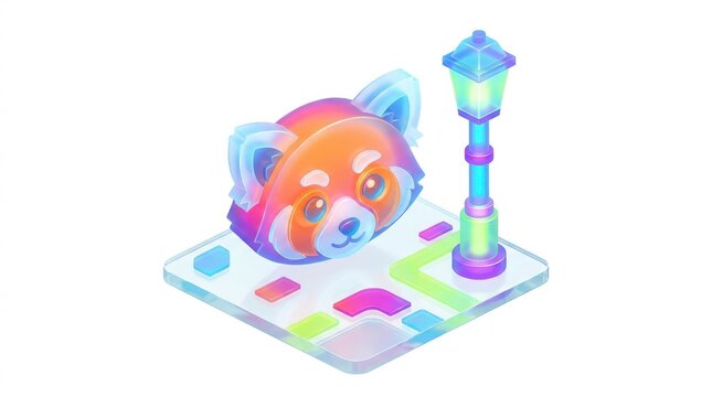 Colorful cartoon red panda character sitting next to a stylized glowing lamp on a transparent background